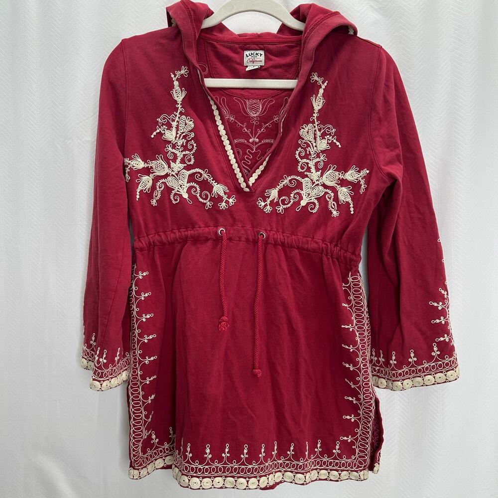 Lucky Brand vintage red hooded top embroidered
